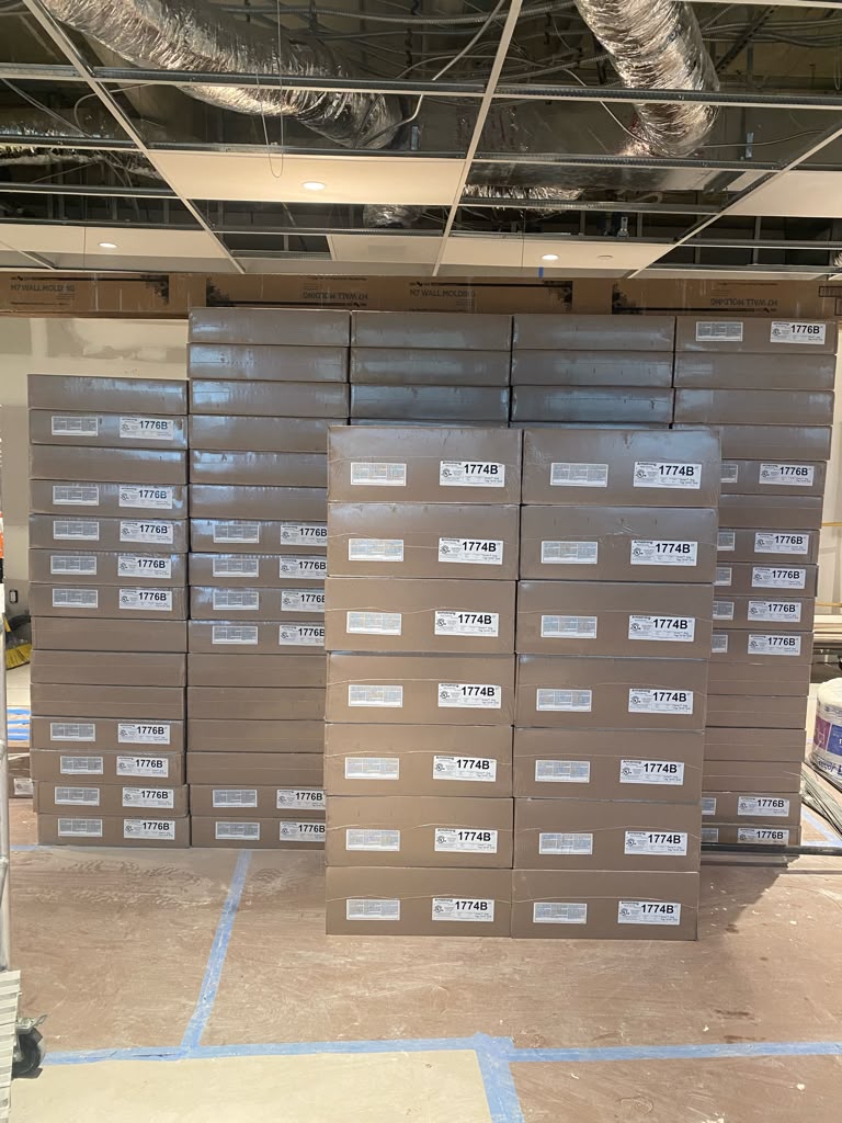 Acoustic construction materials staged inside a commercial project